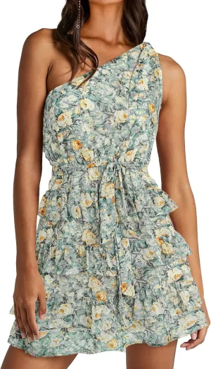 BTFBM Women One Shoulder Summer Dresses 2025 Floral Sundress High Waist Flowy A Line Mini Beach Wedding Guest Dress
