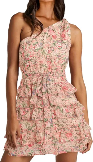 BTFBM Women One Shoulder Summer Dresses 2025 Floral Sundress High Waist Flowy A Line Mini Beach Wedding Guest Dress