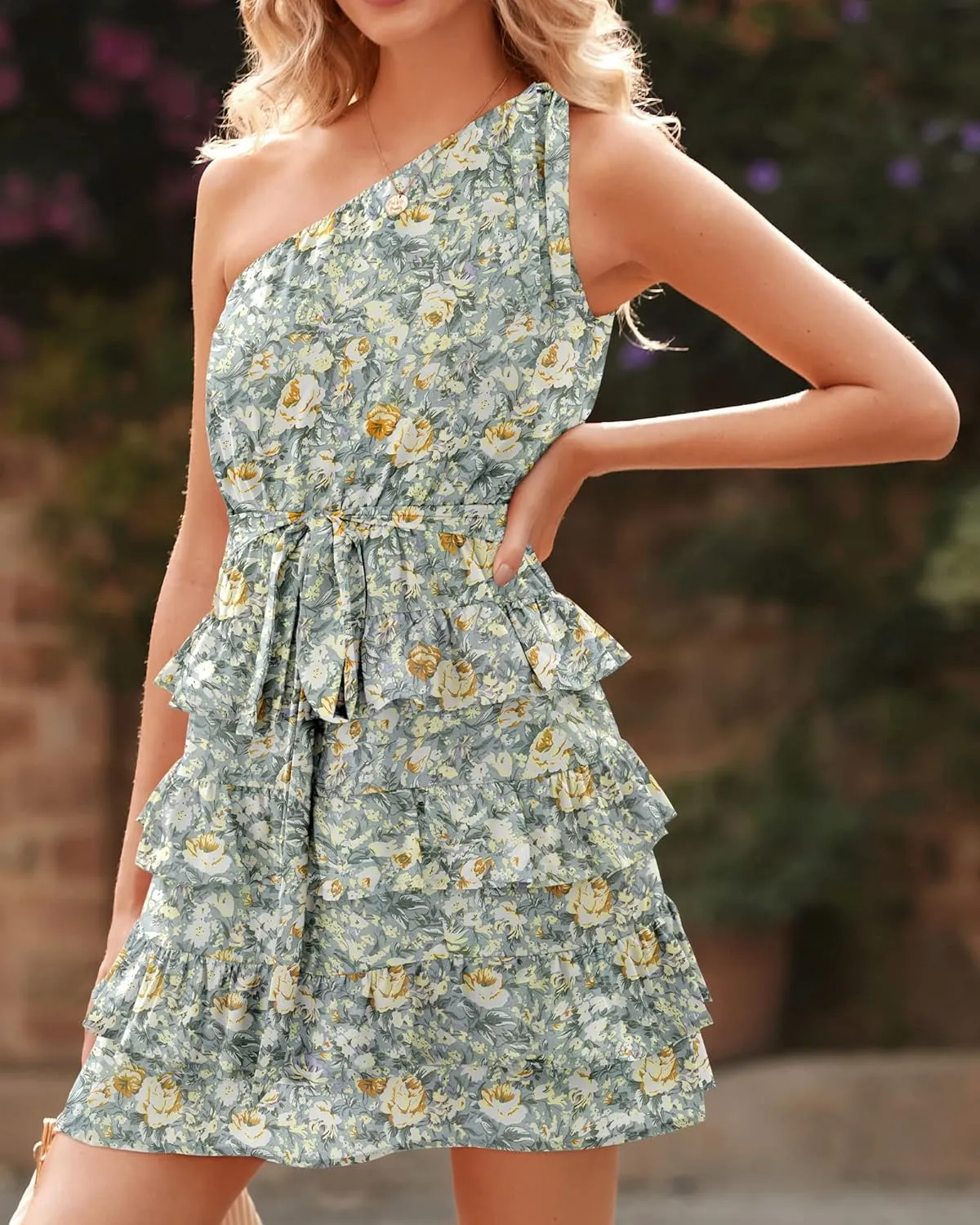BTFBM Women One Shoulder Summer Dresses 2025 Floral Sundress High Waist Flowy A Line Mini Beach Wedding Guest Dress