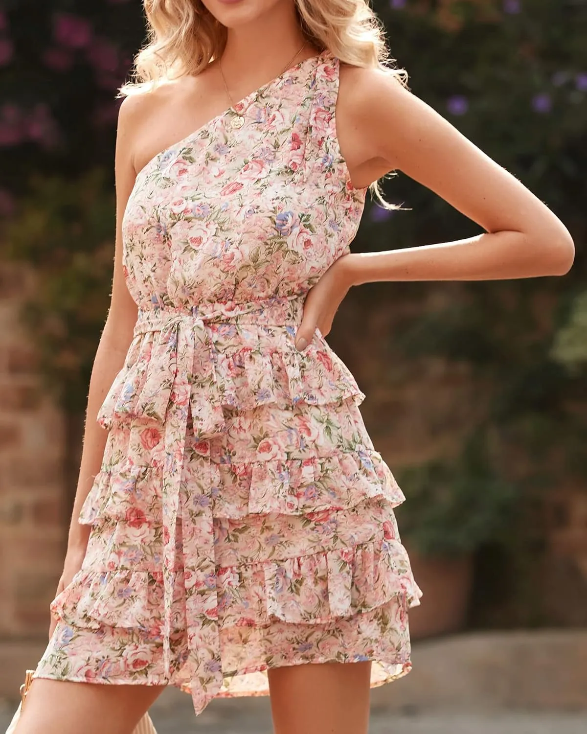 BTFBM Women One Shoulder Summer Dresses 2025 Floral Sundress High Waist Flowy A Line Mini Beach Wedding Guest Dress