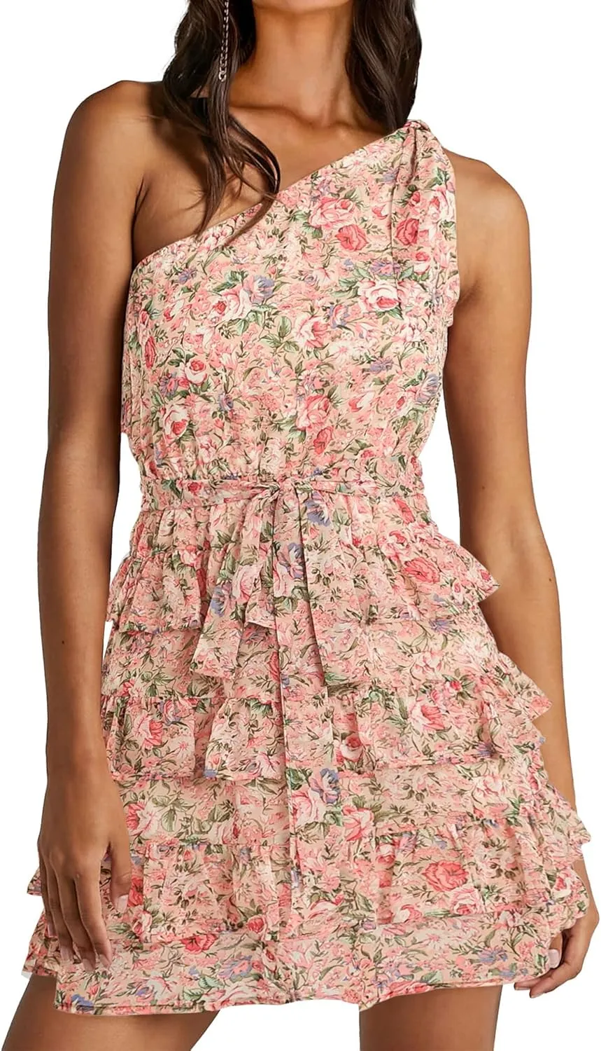 BTFBM Women One Shoulder Summer Dresses 2025 Floral Sundress High Waist Flowy A Line Mini Beach Wedding Guest Dress
