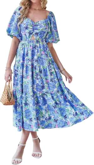 BTFBM Women Summer Dresses 2025 Casual Flowy Beach Square Neck Puff Short Sleeve Smocked Back Boho Floral Long Maxi Dress