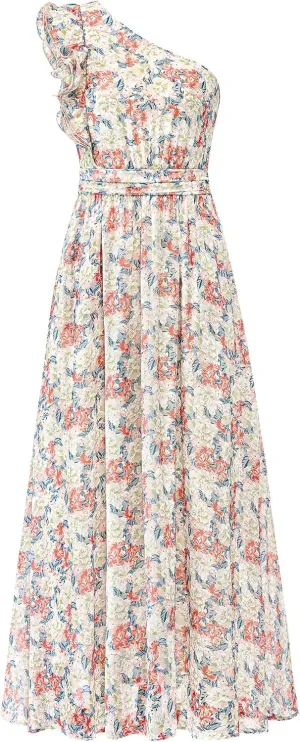 BTFBM Women Summer One Shoulder Floral Wedding Guest Dresses Sleeveless Smocked Ruffle Flowy Beach Vacation Maxi Dress