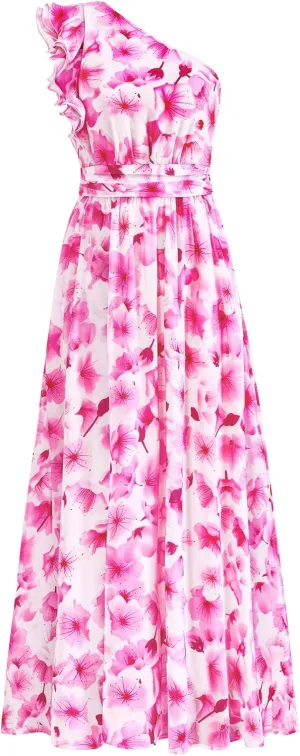 BTFBM Women Summer One Shoulder Floral Wedding Guest Dresses Sleeveless Smocked Ruffle Flowy Beach Vacation Maxi Dress