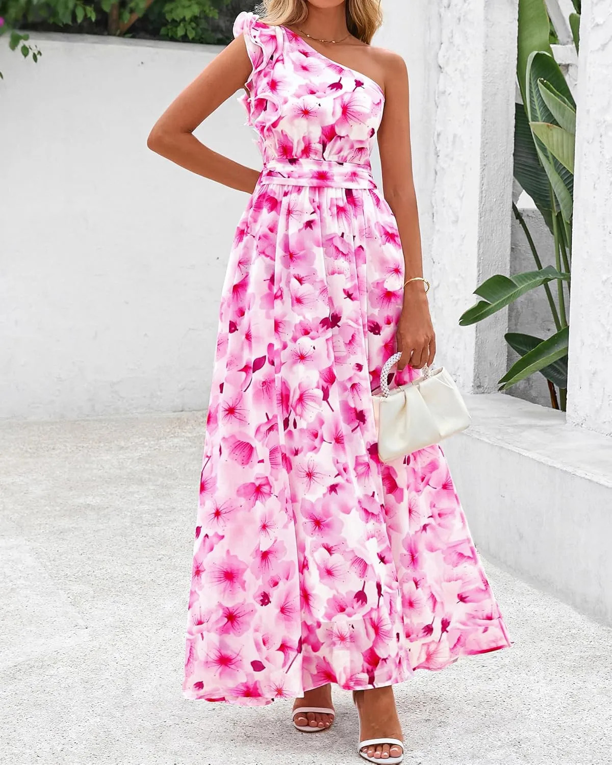 BTFBM Women Summer One Shoulder Floral Wedding Guest Dresses Sleeveless Smocked Ruffle Flowy Beach Vacation Maxi Dress