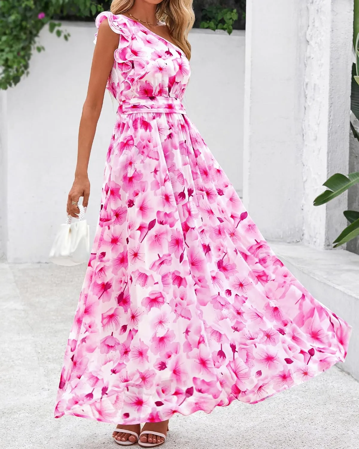 BTFBM Women Summer One Shoulder Floral Wedding Guest Dresses Sleeveless Smocked Ruffle Flowy Beach Vacation Maxi Dress