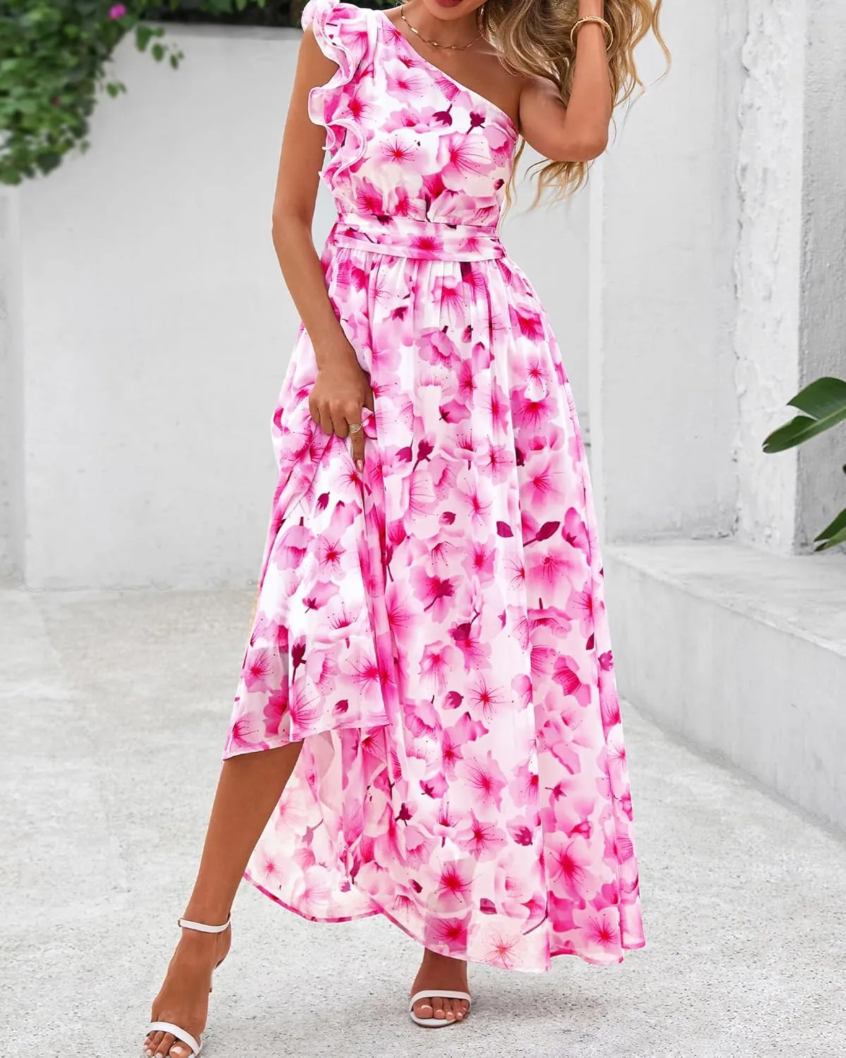 BTFBM Women Summer One Shoulder Floral Wedding Guest Dresses Sleeveless Smocked Ruffle Flowy Beach Vacation Maxi Dress