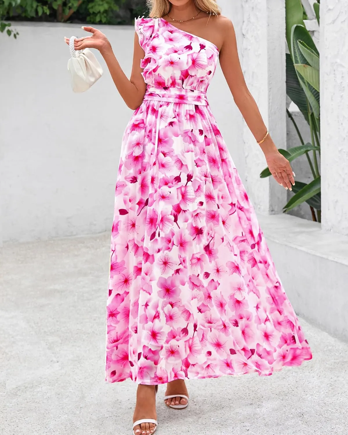 BTFBM Women Summer One Shoulder Floral Wedding Guest Dresses Sleeveless Smocked Ruffle Flowy Beach Vacation Maxi Dress