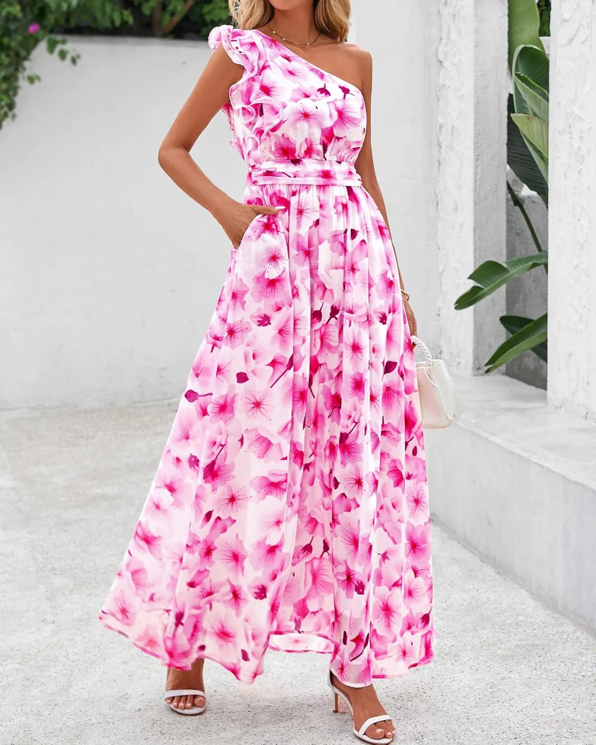 BTFBM Women Summer One Shoulder Floral Wedding Guest Dresses Sleeveless Smocked Ruffle Flowy Beach Vacation Maxi Dress