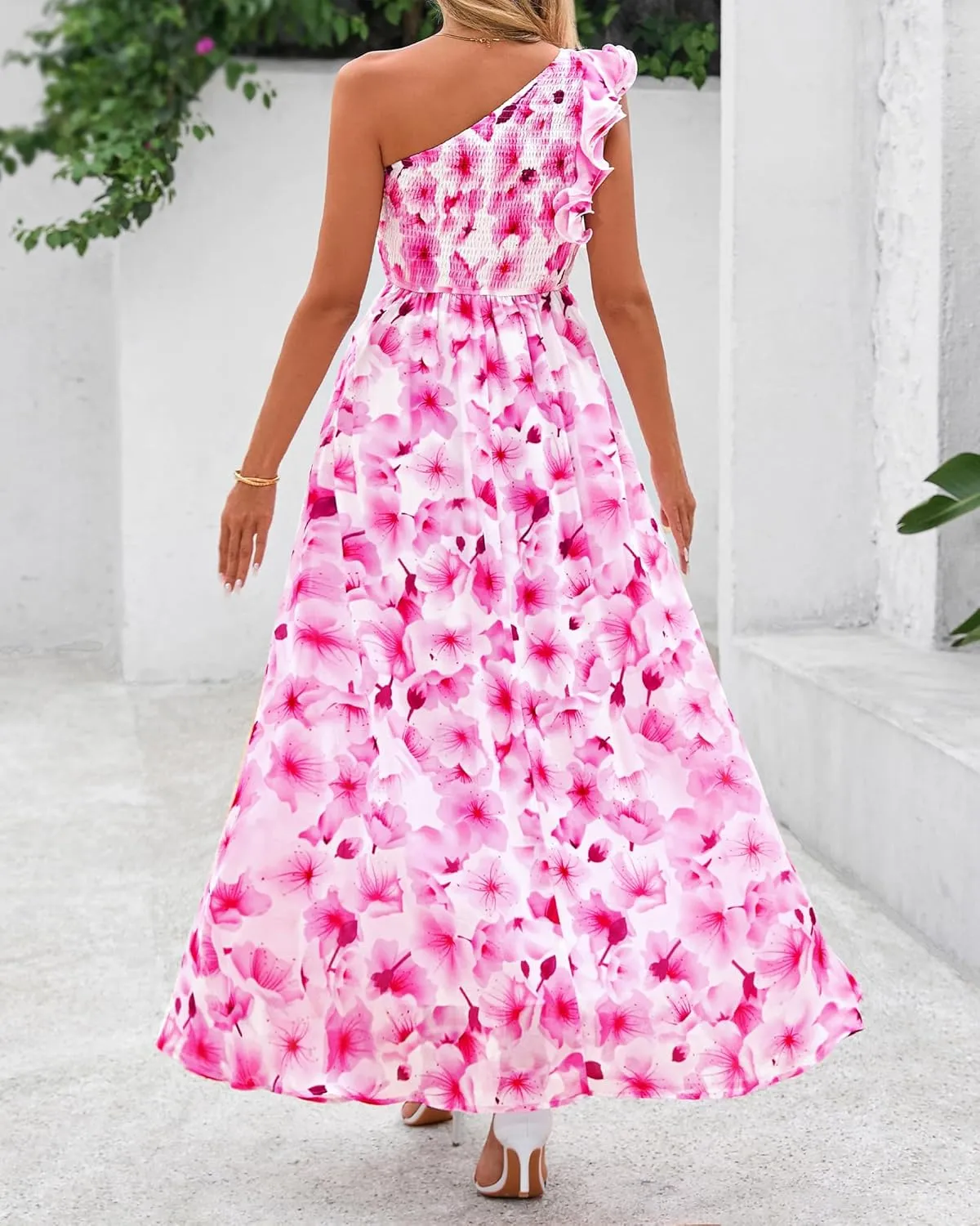 BTFBM Women Summer One Shoulder Floral Wedding Guest Dresses Sleeveless Smocked Ruffle Flowy Beach Vacation Maxi Dress