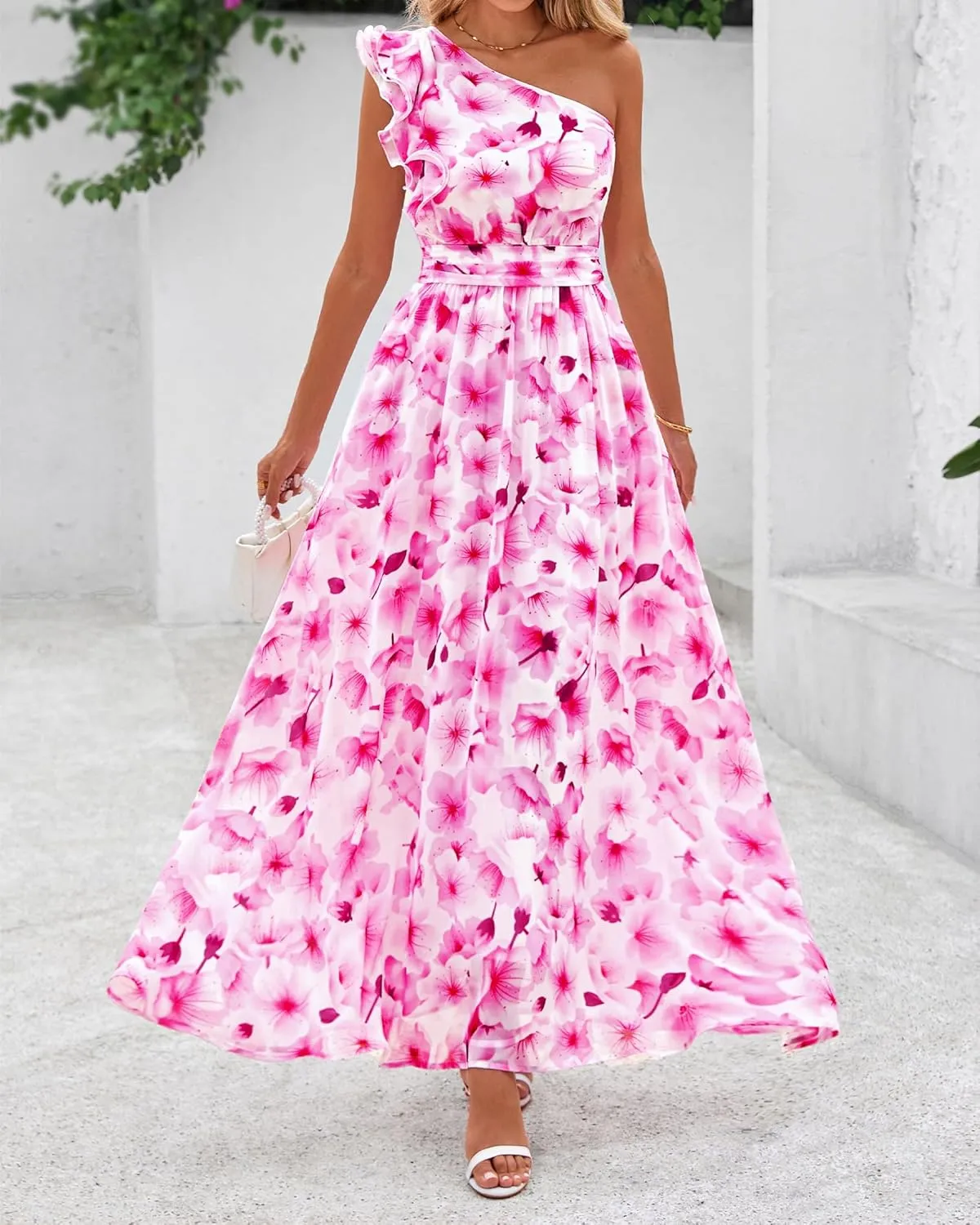 BTFBM Women Summer One Shoulder Floral Wedding Guest Dresses Sleeveless Smocked Ruffle Flowy Beach Vacation Maxi Dress