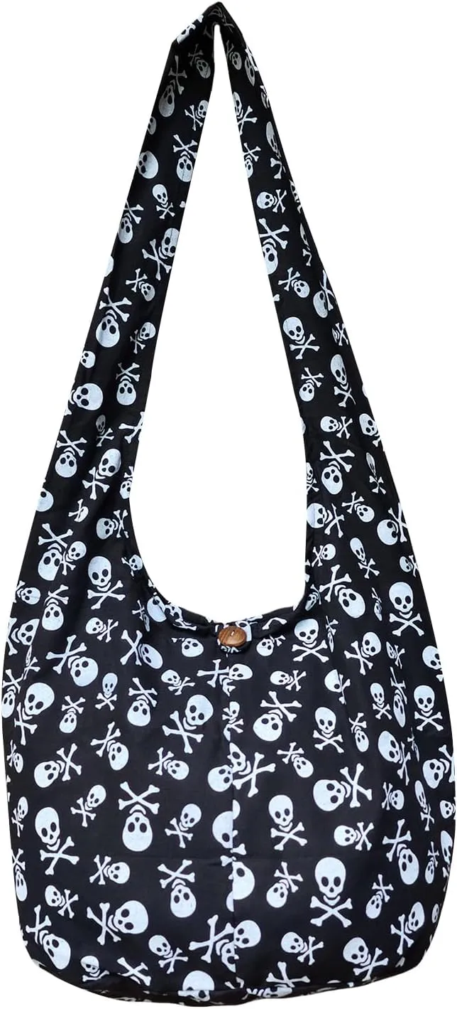 BTP! Skull Punk Rock Hippie Hobo Thai Cotton Sling Crossbody Bag Messenger Purse Small in Black SKS3