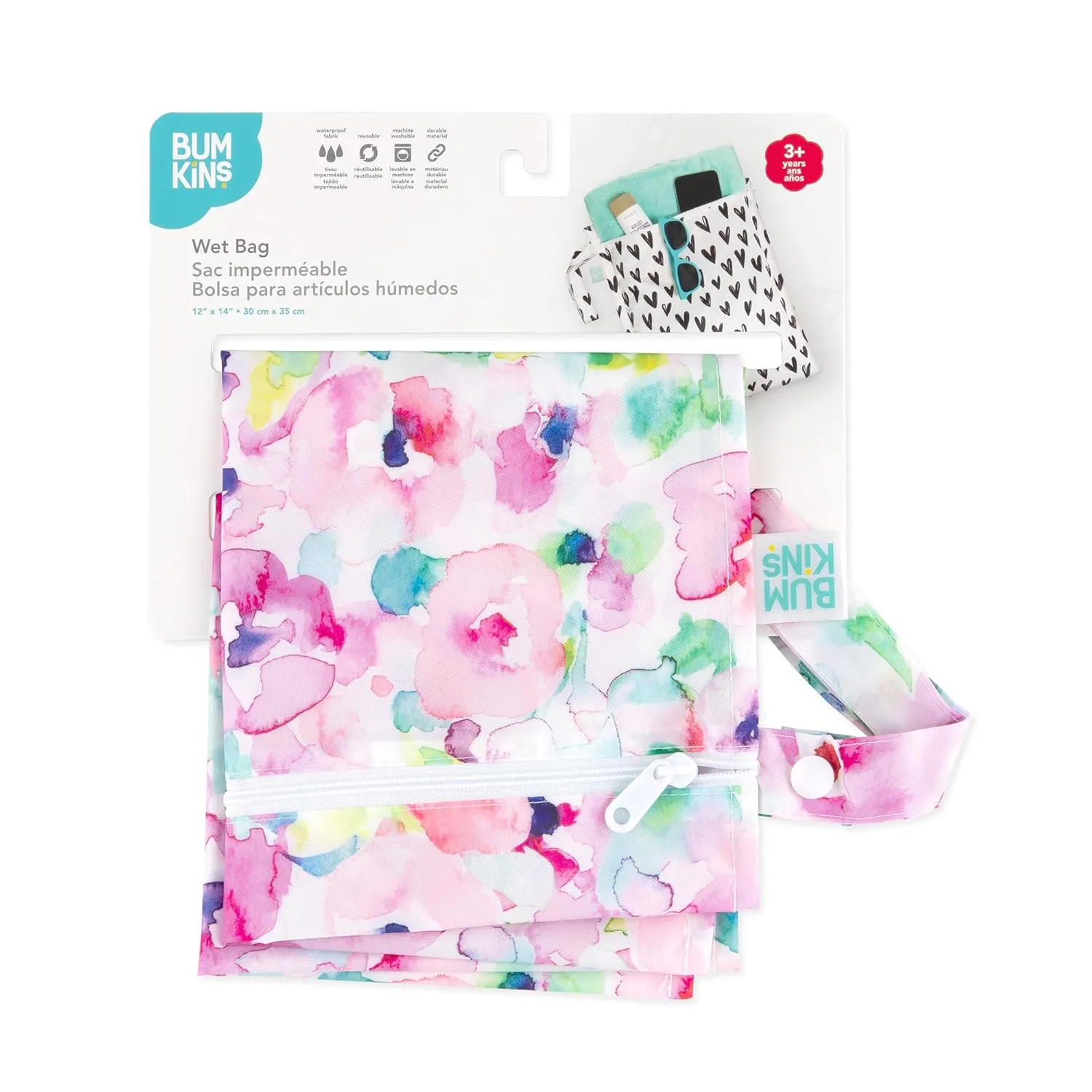Bumkins Waterproof Wet Bag for Baby, Travel, Swim Suit, Cloth Diapers, Pump Parts, Pool, Beach, Gym Clothes, Toiletry, Hook to Stroller, Daycare, Zip Reusable Wetdry Packing Pouch, Watercolors Floral