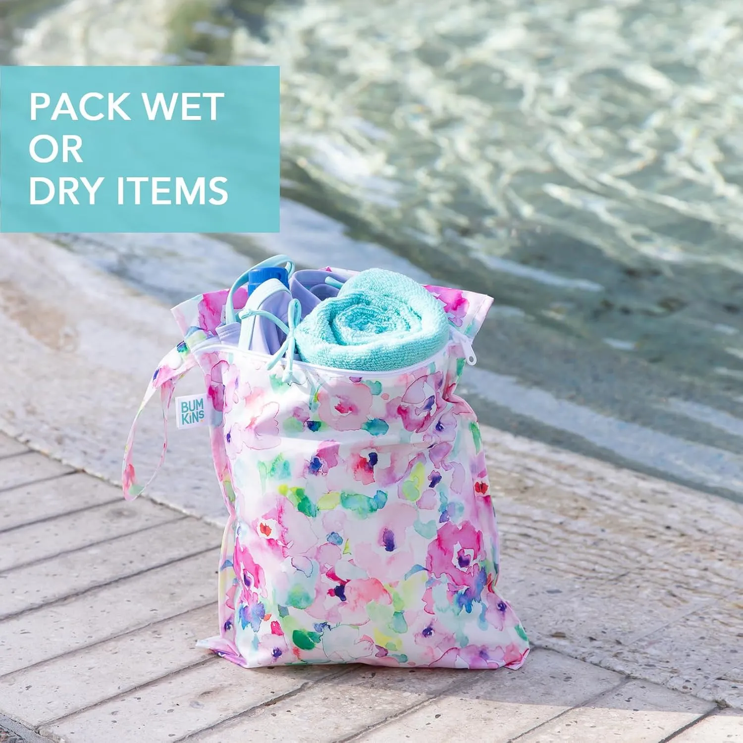 Bumkins Waterproof Wet Bag for Baby, Travel, Swim Suit, Cloth Diapers, Pump Parts, Pool, Beach, Gym Clothes, Toiletry, Hook to Stroller, Daycare, Zip Reusable Wetdry Packing Pouch, Watercolors Floral