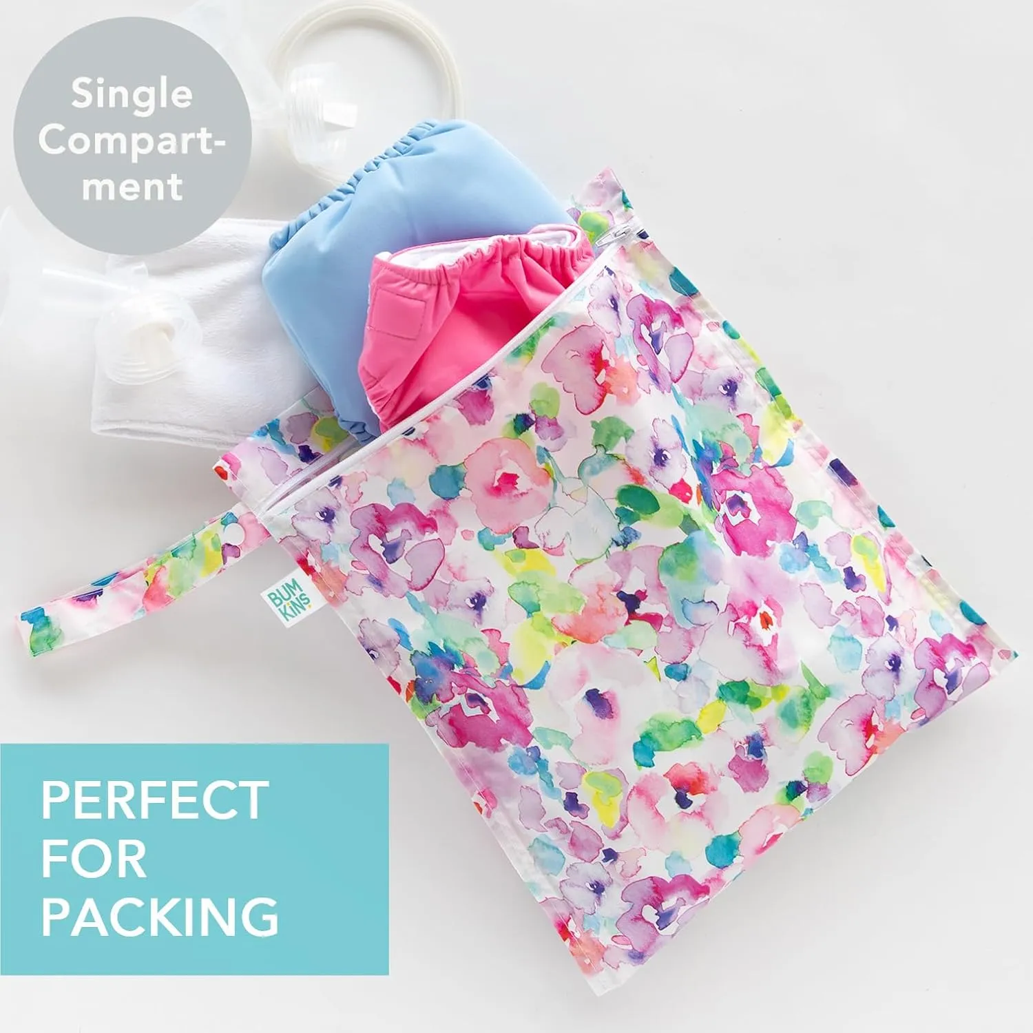 Bumkins Waterproof Wet Bag for Baby, Travel, Swim Suit, Cloth Diapers, Pump Parts, Pool, Beach, Gym Clothes, Toiletry, Hook to Stroller, Daycare, Zip Reusable Wetdry Packing Pouch, Watercolors Floral