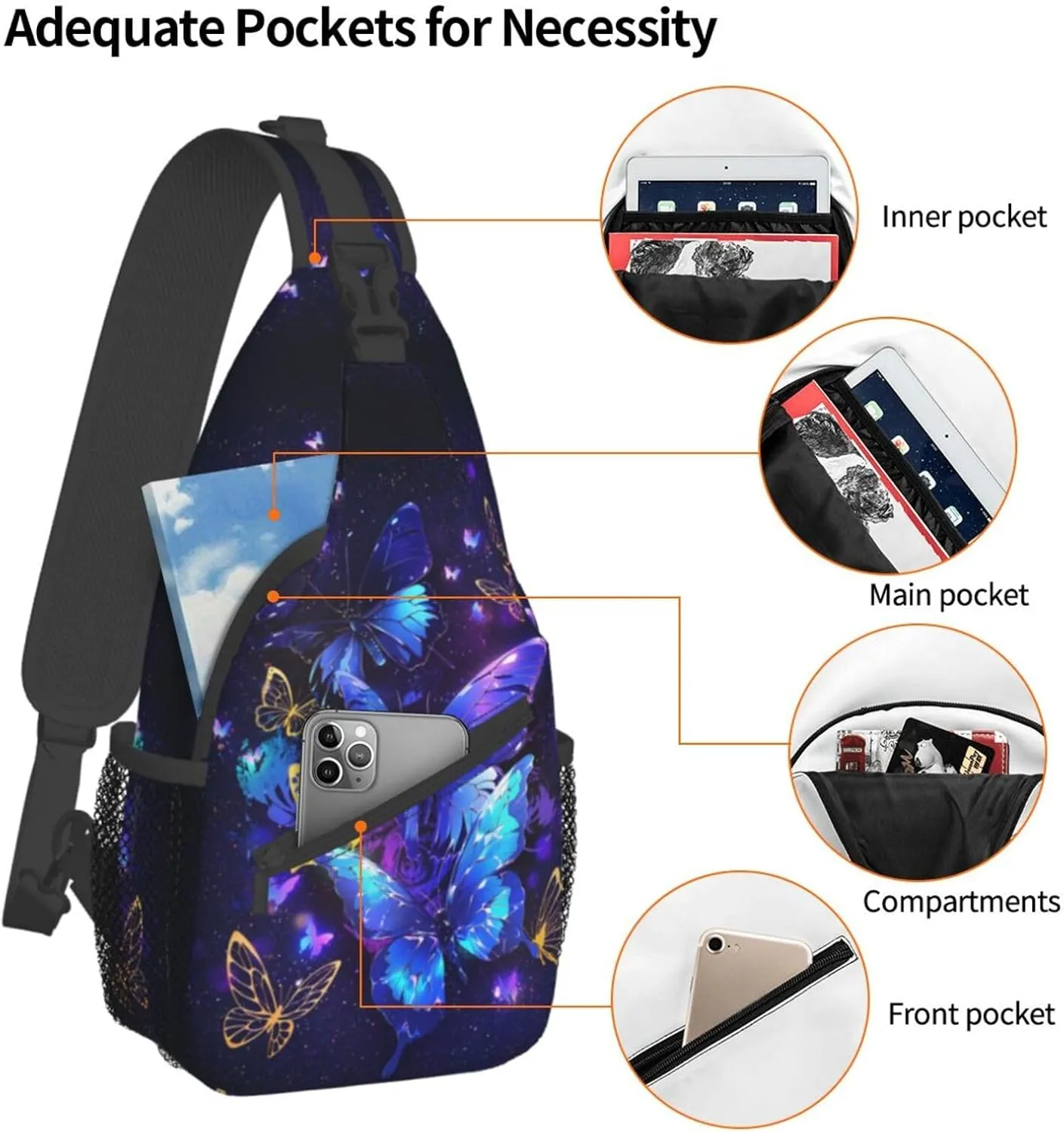Butterflies Sling Bag Crossbody Sling Backpack for Women Men Travel Hiking Daypack Chest Shoulder Bag
