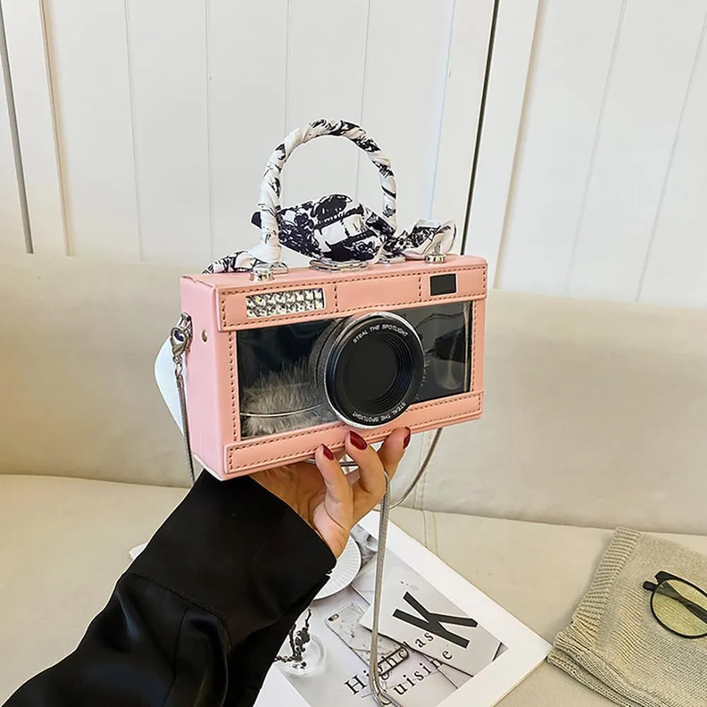 Camera Shaped Purse Handbag, PU Leather Casual Fashion Funny Snapshot Shoulder Bag, Vintage Novelty Box Crossbody Clutch