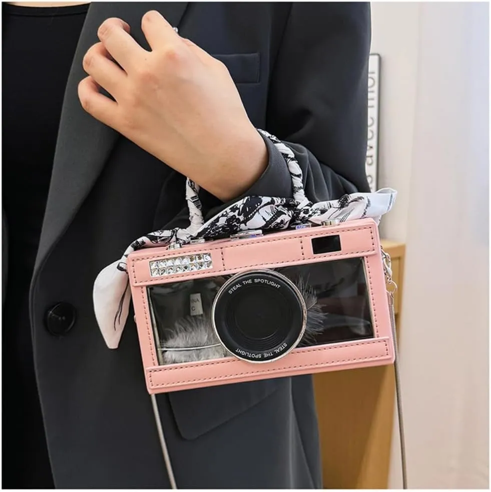 Camera Shaped Purse Handbag, PU Leather Casual Fashion Funny Snapshot Shoulder Bag, Vintage Novelty Box Crossbody Clutch