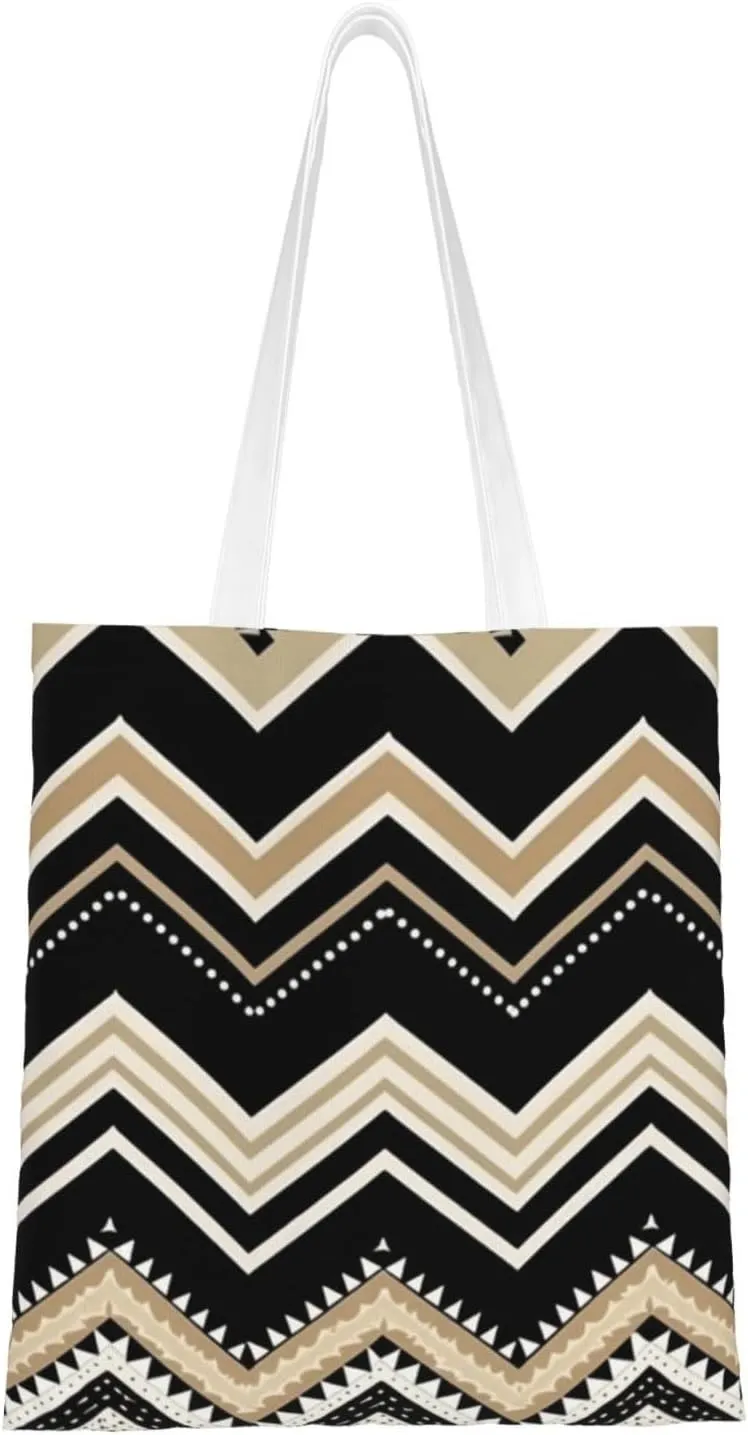 Canvas Tote Bag Aesthetic for Women Black White Tan Zigzag Shopping Bags Large Tote Shoulder Bag Reusable Grocery Bags Hobo Bags Casual Handbags Cute Cloth Bags Birthday Gifts