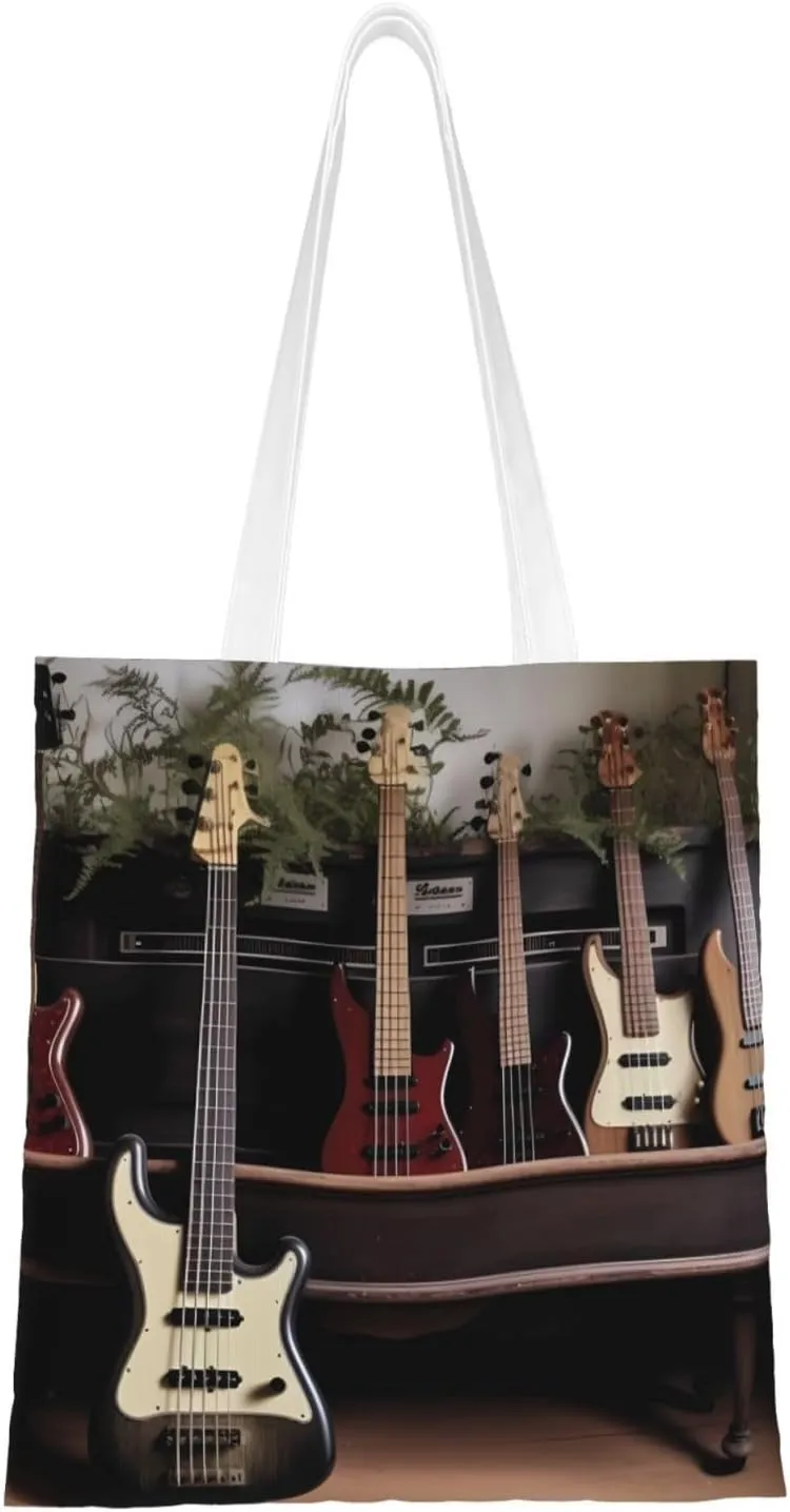 Canvas Tote Bag Aesthetic for Women Guitar Bass Music Musical Instruments Shopping Bags Large Tote Shoulder Bag Reusable Grocery Bags Hobo Bags Casual Handbags Cute Cloth Bags Birthday Gifts