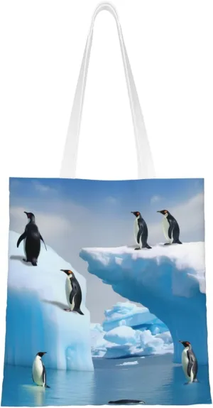 Canvas Tote Bag Aesthetic for Women Penguins On The Iceberg Shopping Bags Large Tote Shoulder Bag Reusable Grocery Bags Hobo Bags Casual Handbags Cute Cloth Bags Birthday Gifts