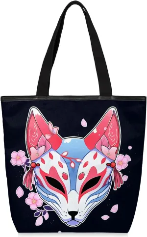Canvas Tote Bag for Women Japanese Fox Mask Large Tote Bags with Zipper Cotton Bags for Work, Beach, Shopping Grocery Bags Heavy Duty Reusable Shoulder Bags Handbag