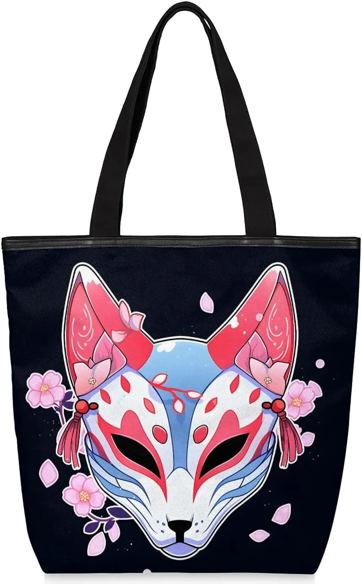 Canvas Tote Bag for Women Japanese Fox Mask Large Tote Bags with Zipper Cotton Bags for Work, Beach, Shopping Grocery Bags Heavy Duty Reusable Shoulder Bags Handbag
