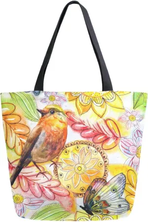 Canvas Tote Bag Sunflower Birds Butterflies Woman Beach Bag Watercolor Wheat Fall Floral Shoulder Bag School Had Bag