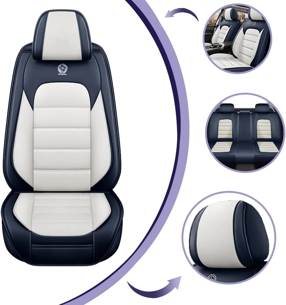 Car Seat Covers for Saturn Aura 2007 2008 2009,5 Seats Waterproof Seat Covers with Airbag,Leather Seat Covers for Cars,Anti-Slip Auto Seat Cover Sets(Blue and White,Standard)