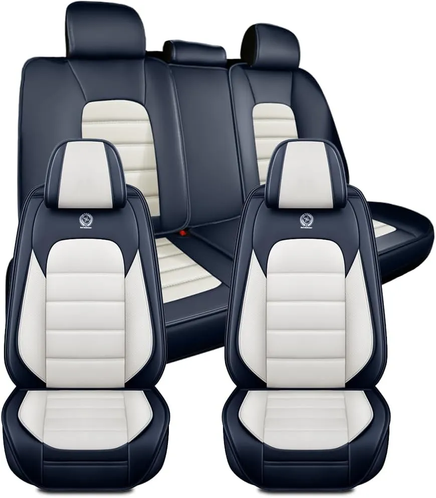 Car Seat Covers for Saturn Aura 2007 2008 2009,5 Seats Waterproof Seat Covers with Airbag,Leather Seat Covers for Cars,Anti-Slip Auto Seat Cover Sets(Blue and White,Standard)