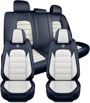 Car Seat Covers for Saturn Aura 2007 2008 2009,5 Seats Waterproof Seat Covers with Airbag,Leather Seat Covers for Cars,Anti-Slip Auto Seat Cover Sets(Blue and White,Standard)