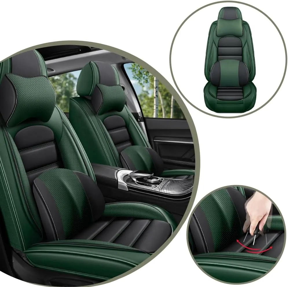Car Seat Covers for VW Atlas 2018-2023 2024,2 Seats Waterproof Seat Covers with Airbag,Leather Seat Covers for Cars,Anti-Slip Auto Seat Cover Sets(Green and Black,Luxury)