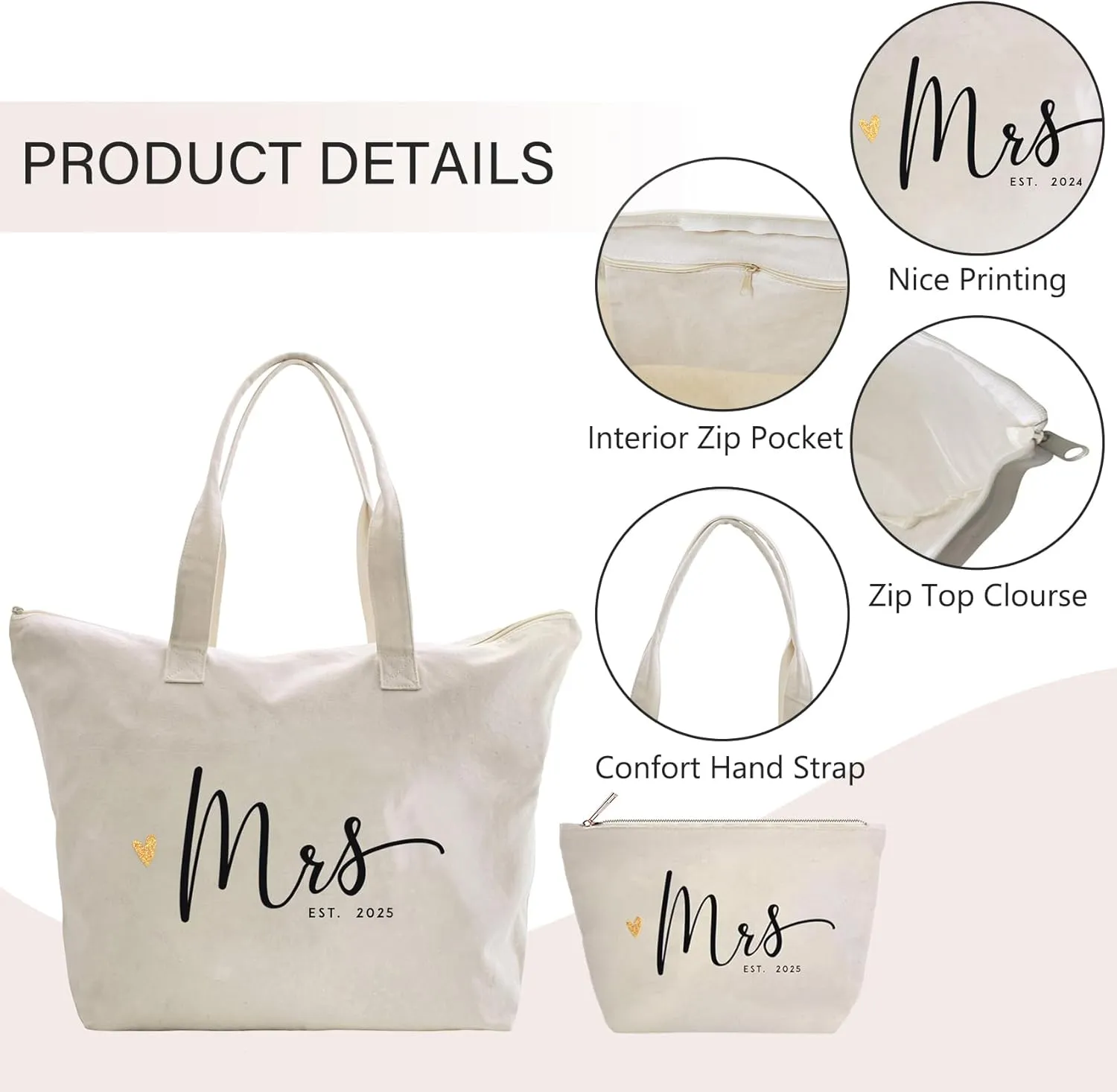 CARAKNOTS Future Mrs. Bag 2025 Bride Gifts for Wedding Bachelorette Engagement Party Accessories Bridal Shower Gifts for Bride to Be Tote Cotton Beach Shoulder Bag with Zipper and Pocket 2 Pcs