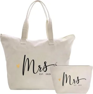 CARAKNOTS Future Mrs. Bag 2025 Bride Gifts for Wedding Bachelorette Engagement Party Accessories Bridal Shower Gifts for Bride to Be Tote Cotton Beach Shoulder Bag with Zipper and Pocket 2 Pcs
