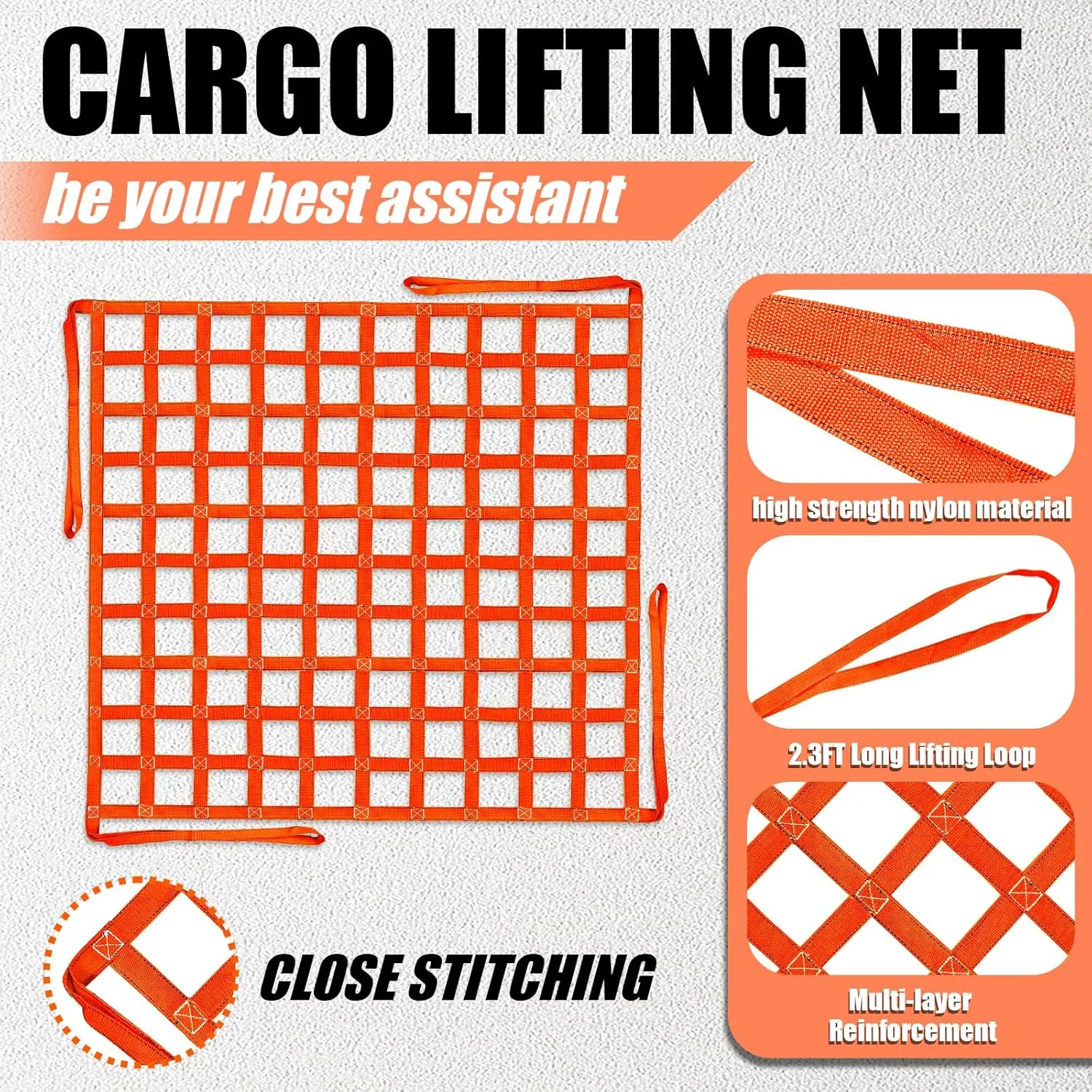 Cargo Lifting Net 4.92'x4.92', Lifting Net Straps for Hoist 1100lbs Load Capacity, Nylon Sling Hoisting Net 10-12CM Square Hole for Construction Rigging Moving Towing Hoisting Unloading