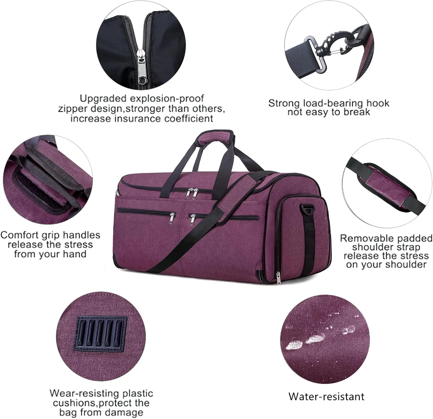 Carry on Garment Bag for Travel, Bukere Convertible Suit Travel Garment Duffel Bag for Women Business, Shoe Compartment, Detachable Shoulder Strap, 2 in 1 Hanging Suitcase Suit Travel Bags, Purple