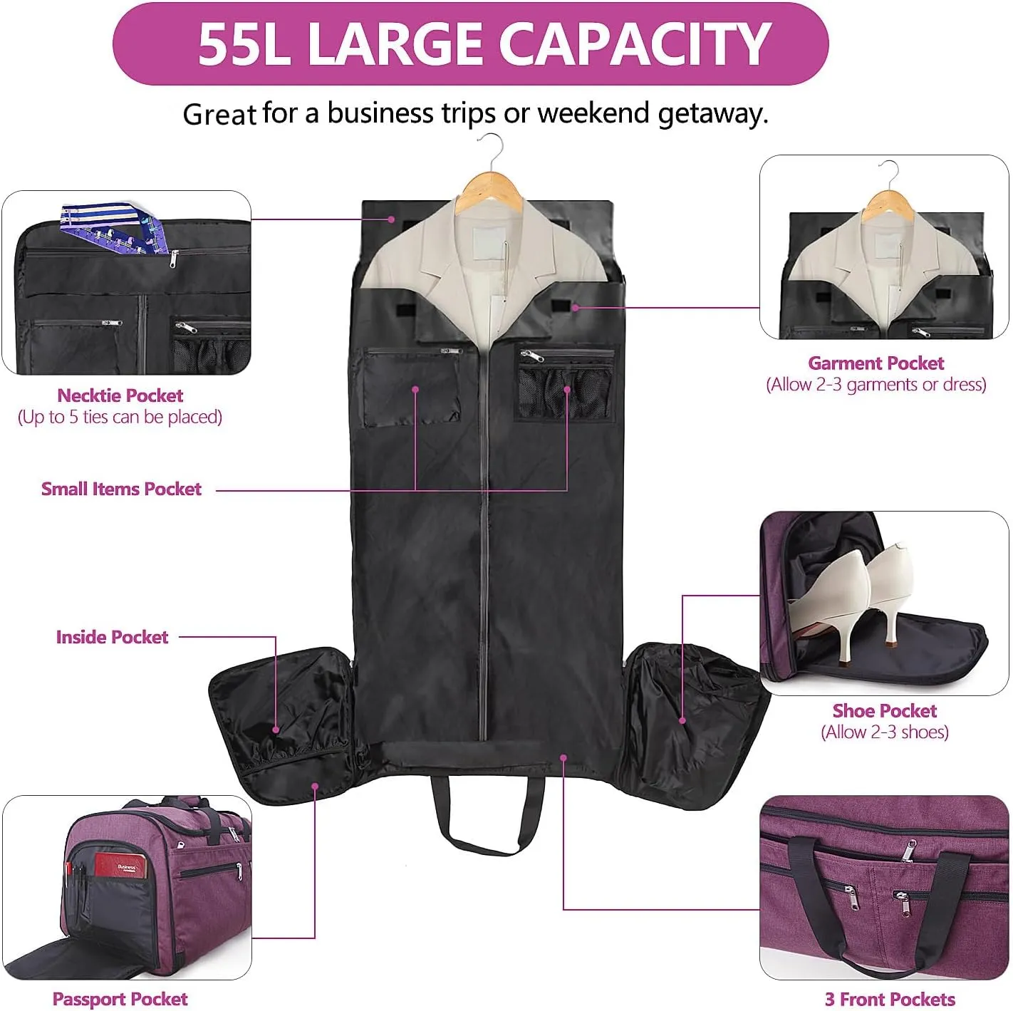 Carry on Garment Bag for Travel, Bukere Convertible Suit Travel Garment Duffel Bag for Women Business, Shoe Compartment, Detachable Shoulder Strap, 2 in 1 Hanging Suitcase Suit Travel Bags, Purple