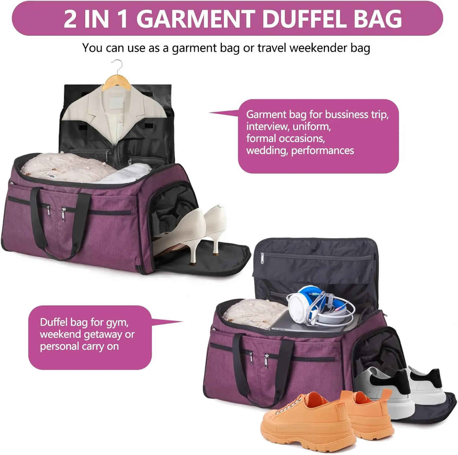 Carry on Garment Bag for Travel, Bukere Convertible Suit Travel Garment Duffel Bag for Women Business, Shoe Compartment, Detachable Shoulder Strap, 2 in 1 Hanging Suitcase Suit Travel Bags, Purple