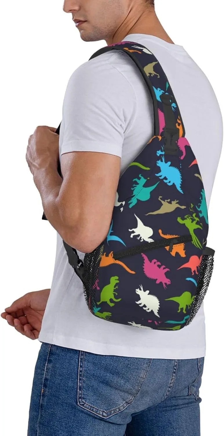 Cartoon Dinosaur Sling Bag Crossbody Backpack,Colorful Dinosaur Silhouettes Doodles Illustration Chest Bag Casual Shoulder Backpack Cute Animal Pattern Travel Hiking Daypack for Women Men