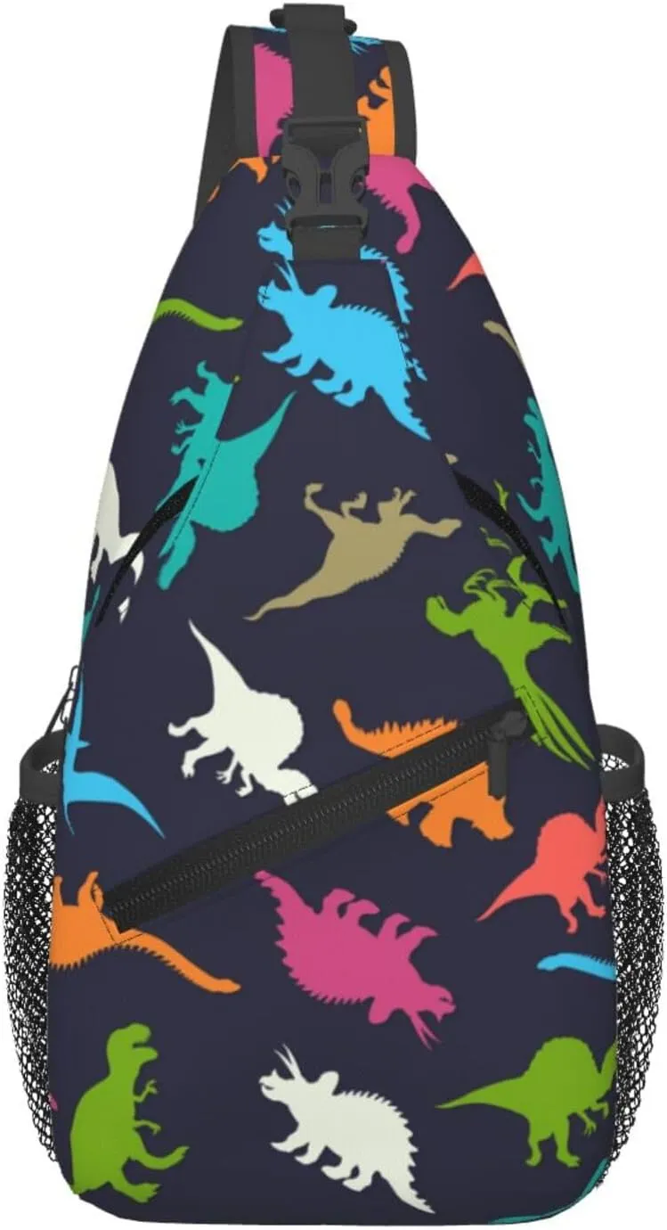 Cartoon Dinosaur Sling Bag Crossbody Backpack,Colorful Dinosaur Silhouettes Doodles Illustration Chest Bag Casual Shoulder Backpack Cute Animal Pattern Travel Hiking Daypack for Women Men