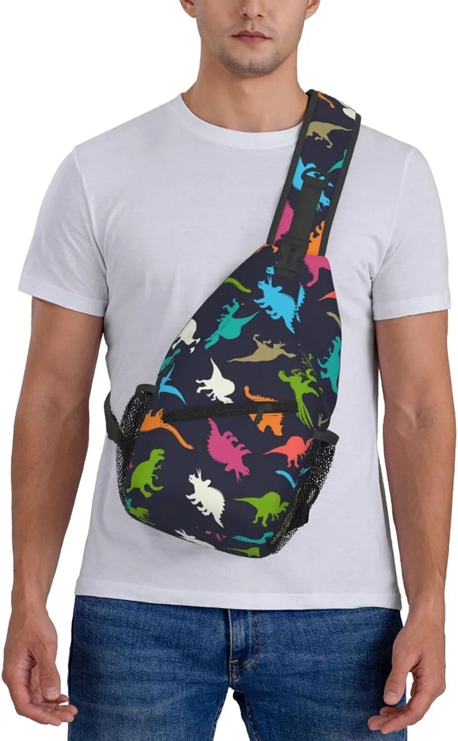 Cartoon Dinosaur Sling Bag Crossbody Backpack,Colorful Dinosaur Silhouettes Doodles Illustration Chest Bag Casual Shoulder Backpack Cute Animal Pattern Travel Hiking Daypack for Women Men