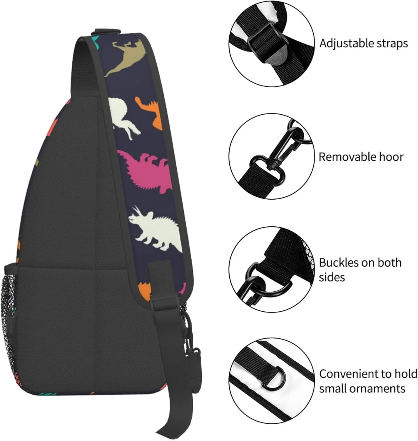 Cartoon Dinosaur Sling Bag Crossbody Backpack,Colorful Dinosaur Silhouettes Doodles Illustration Chest Bag Casual Shoulder Backpack Cute Animal Pattern Travel Hiking Daypack for Women Men