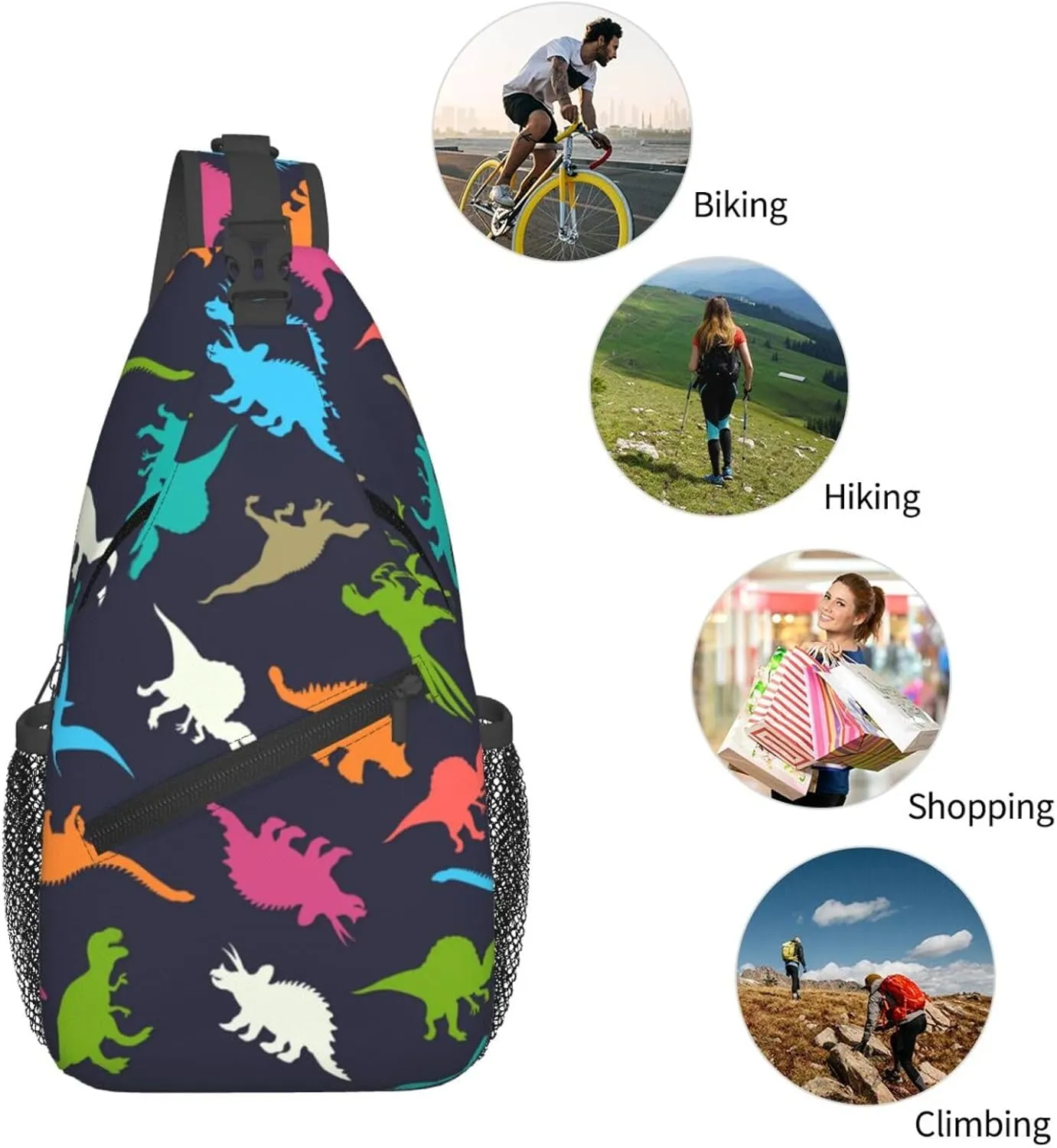 Cartoon Dinosaur Sling Bag Crossbody Backpack,Colorful Dinosaur Silhouettes Doodles Illustration Chest Bag Casual Shoulder Backpack Cute Animal Pattern Travel Hiking Daypack for Women Men