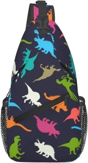 Cartoon Dinosaur Sling Bag Crossbody Backpack,Colorful Dinosaur Silhouettes Doodles Illustration Chest Bag Casual Shoulder Backpack Cute Animal Pattern Travel Hiking Daypack for Women Men