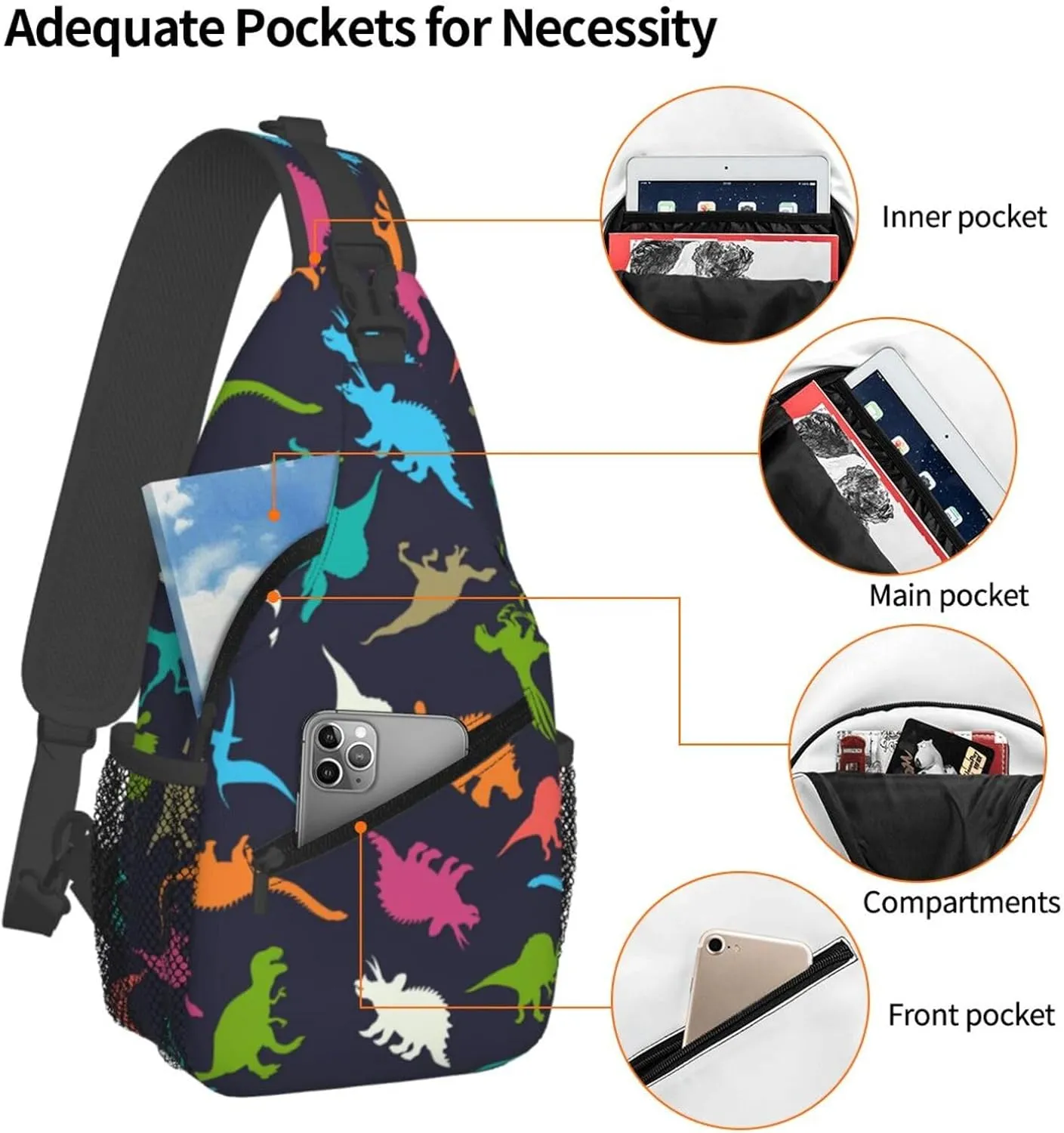 Cartoon Dinosaur Sling Bag Crossbody Backpack,Colorful Dinosaur Silhouettes Doodles Illustration Chest Bag Casual Shoulder Backpack Cute Animal Pattern Travel Hiking Daypack for Women Men