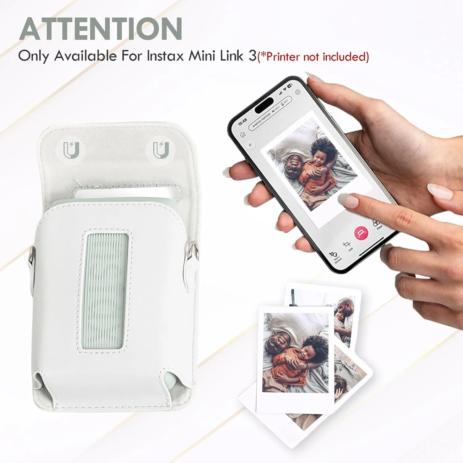 Case for Fujifilm Instax Mini Link 3,Fuji instax Mini Link 3 case for fujifilm Mini Link 3 case PU Magnetic Cover with Soft Microfiber Inner with Shoulder Strap -Clay White