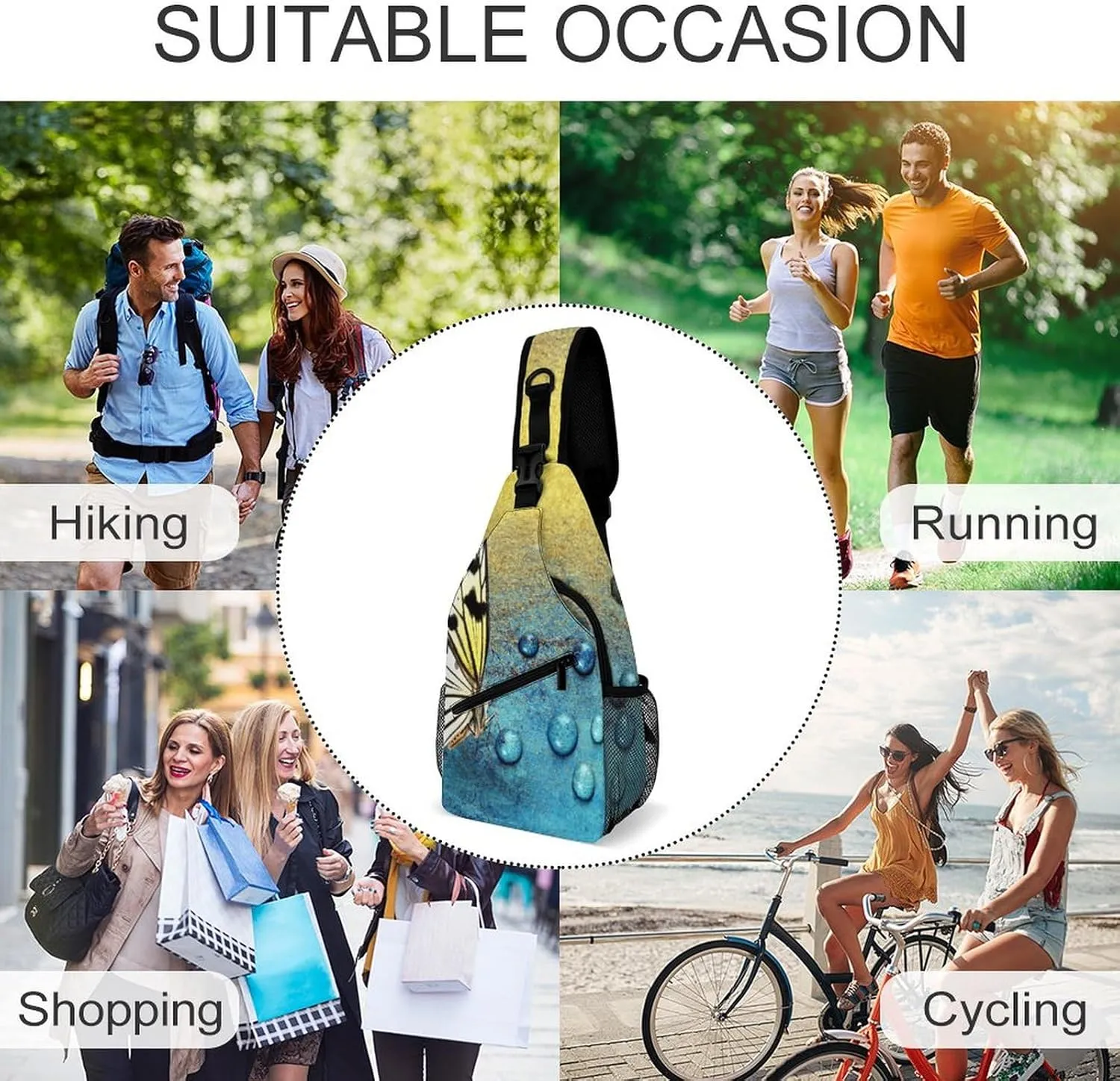 Casual Sling Backpack Butterfly-yellow-black-print Chest Bags Crossbody Sling Bag Travel Hiking Daypack Shoulder Bag for Women Men, 38x20cm, Style-2