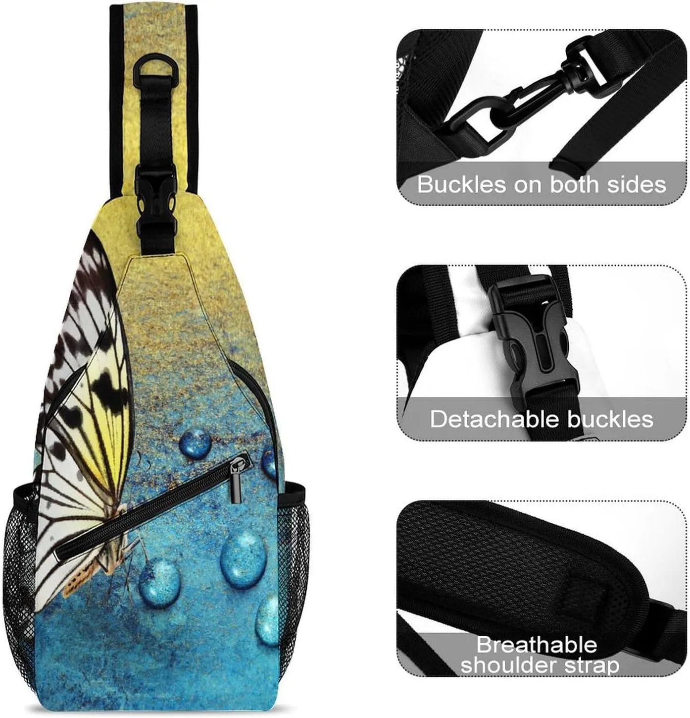 Casual Sling Backpack Butterfly-yellow-black-print Chest Bags Crossbody Sling Bag Travel Hiking Daypack Shoulder Bag for Women Men, 38x20cm, Style-2
