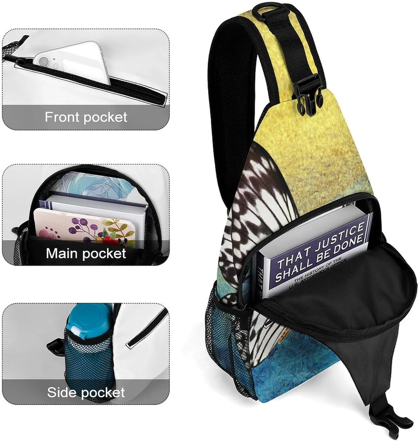 Casual Sling Backpack Butterfly-yellow-black-print Chest Bags Crossbody Sling Bag Travel Hiking Daypack Shoulder Bag for Women Men, 38x20cm, Style-2
