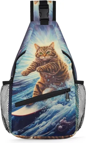 Cat Surfing Outer Space Sling Bag for Women Men, Lightweight Crossbody Sling Backpack Shoulder Pack Multipurpose Chest Bag for Travel Hiking Gym Cycling